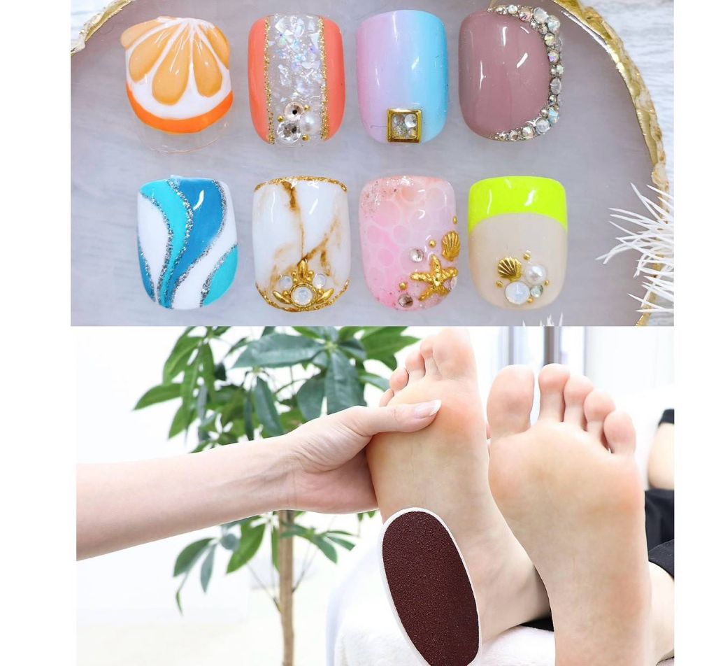 南森町Arkのフット・角質ケア。角質ケア施術と夏にぴったりのカラフルなフットネイルデザインサンプルをまとめたコラージュ